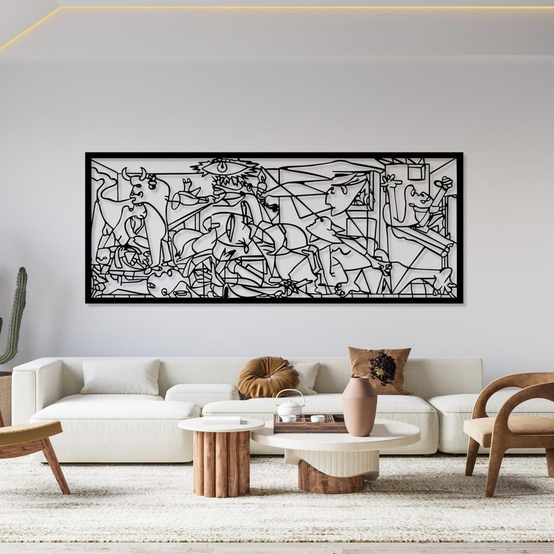 Quadro traforato, decorazione murale 3D, quadro 3D "Guernica di Pablo Picasso" 120x48cm Nero