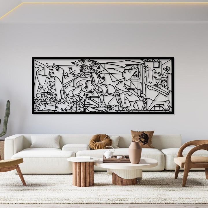 Quadro traforato, decorazione murale 3D, quadro 3D "Guernica di Pablo Picasso" 120x48cm Nero