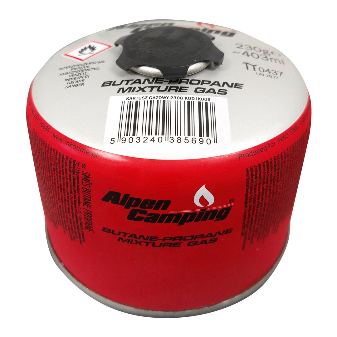 Cartuccia gas 230g Alpen Camping. Certificato: Pi 0656, conforme a EN417, propano-butano, range da -10°C a + 40°C, valvola filettata 7/16" IK009