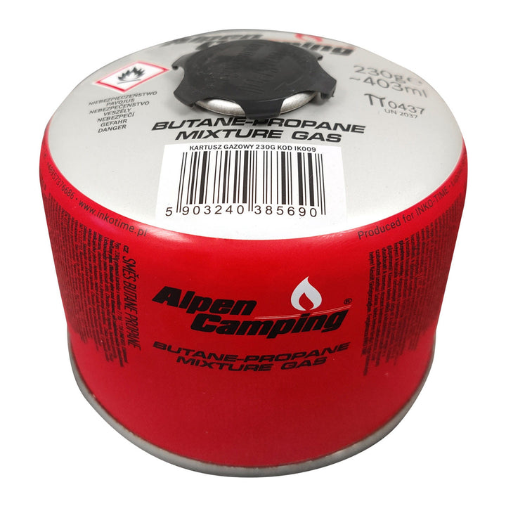 Cartuccia gas 230g Alpen Camping. Certificato: Pi 0656, conforme a EN417, propano-butano, range da -10°C a + 40°C, valvola filettata 7/16" IK009