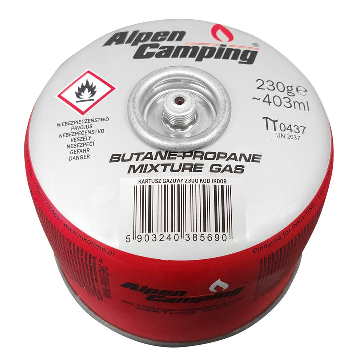 Cartuccia gas 230g Alpen Camping. Certificato: Pi 0656, conforme a EN417, propano-butano, range da -10°C a + 40°C, valvola filettata 7/16" IK009