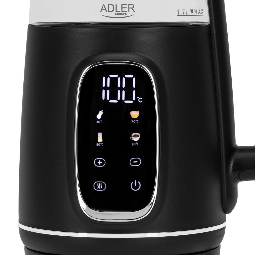 Bollitore elettrico in vetro 1,7L Adler, Nero e argento, Controllo della temperatura, Display LED, AD 1305 bs