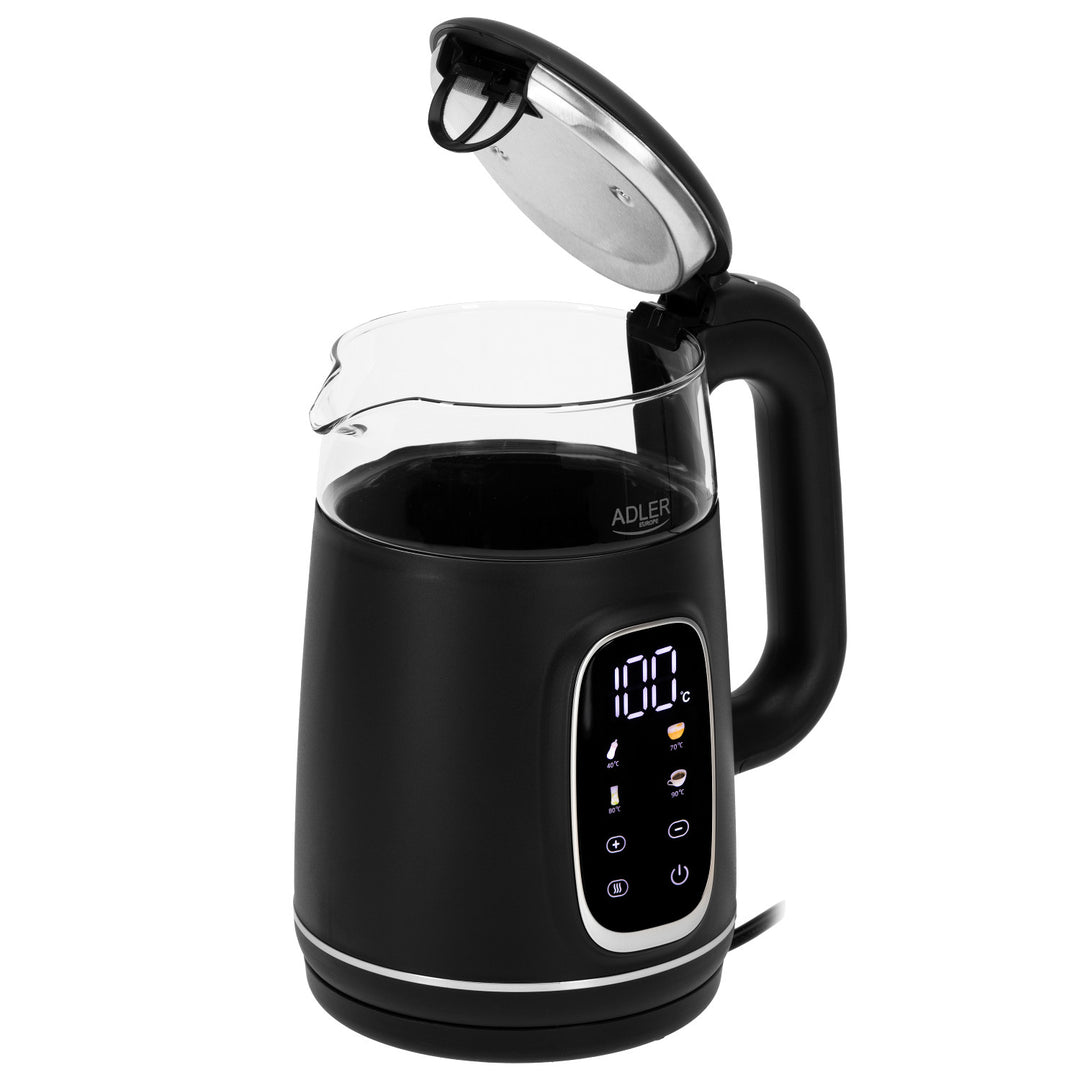 Bollitore elettrico in vetro 1,7L Adler, Nero e argento, Controllo della temperatura, Display LED, AD 1305 bs