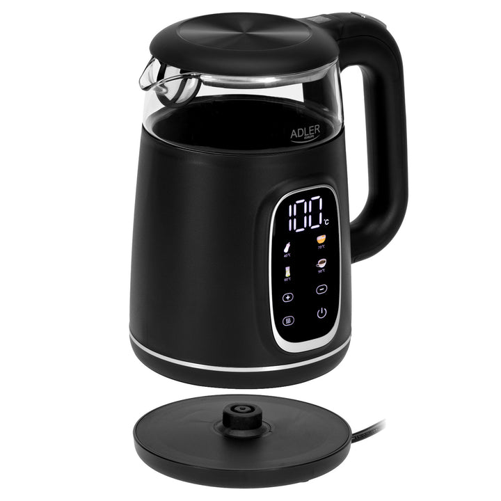 Bollitore elettrico in vetro 1,7L Adler, Nero e argento, Controllo della temperatura, Display LED, AD 1305 bs