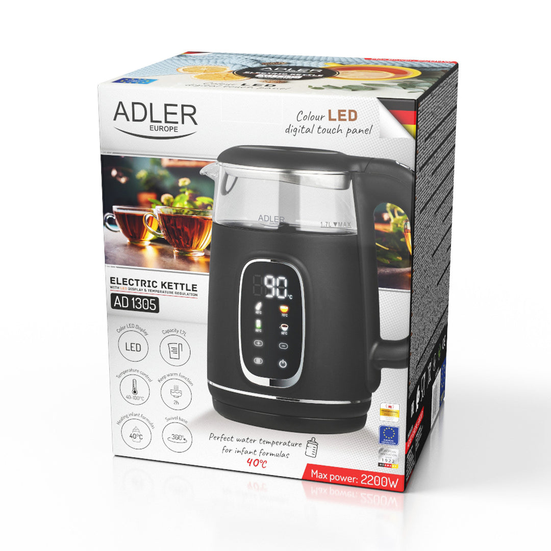 Bollitore elettrico in vetro 1,7L Adler, Nero e argento, Controllo della temperatura, Display LED, AD 1305 bs