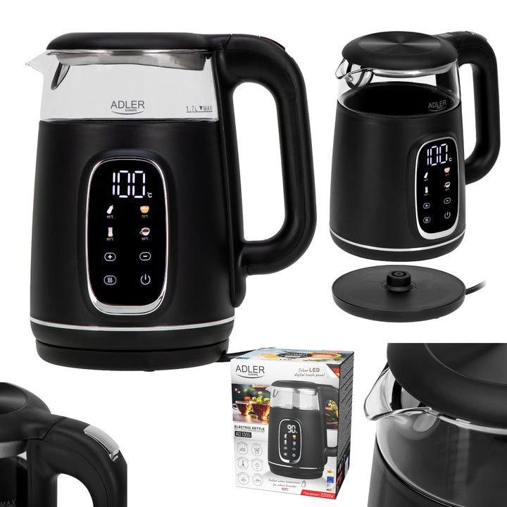 Bollitore elettrico in vetro 1,7L Adler, Nero e argento, Controllo della temperatura, Display LED, AD 1305 bs