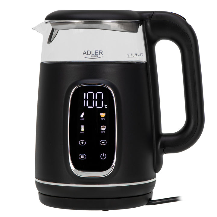 Bollitore elettrico in vetro 1,7L Adler, Nero e argento, Controllo della temperatura, Display LED, AD 1305 bs