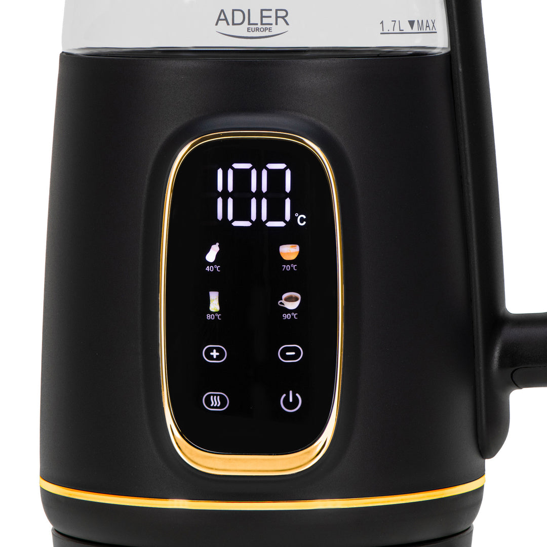Bollitore elettrico in vetro Adler da 1,7 l, nero e oro, regolazione della temperatura, display a LED, AD 1305 bg