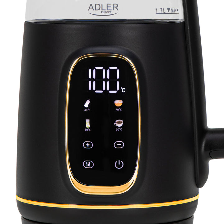 Bollitore elettrico in vetro Adler da 1,7 l, nero e oro, regolazione della temperatura, display a LED, AD 1305 bg