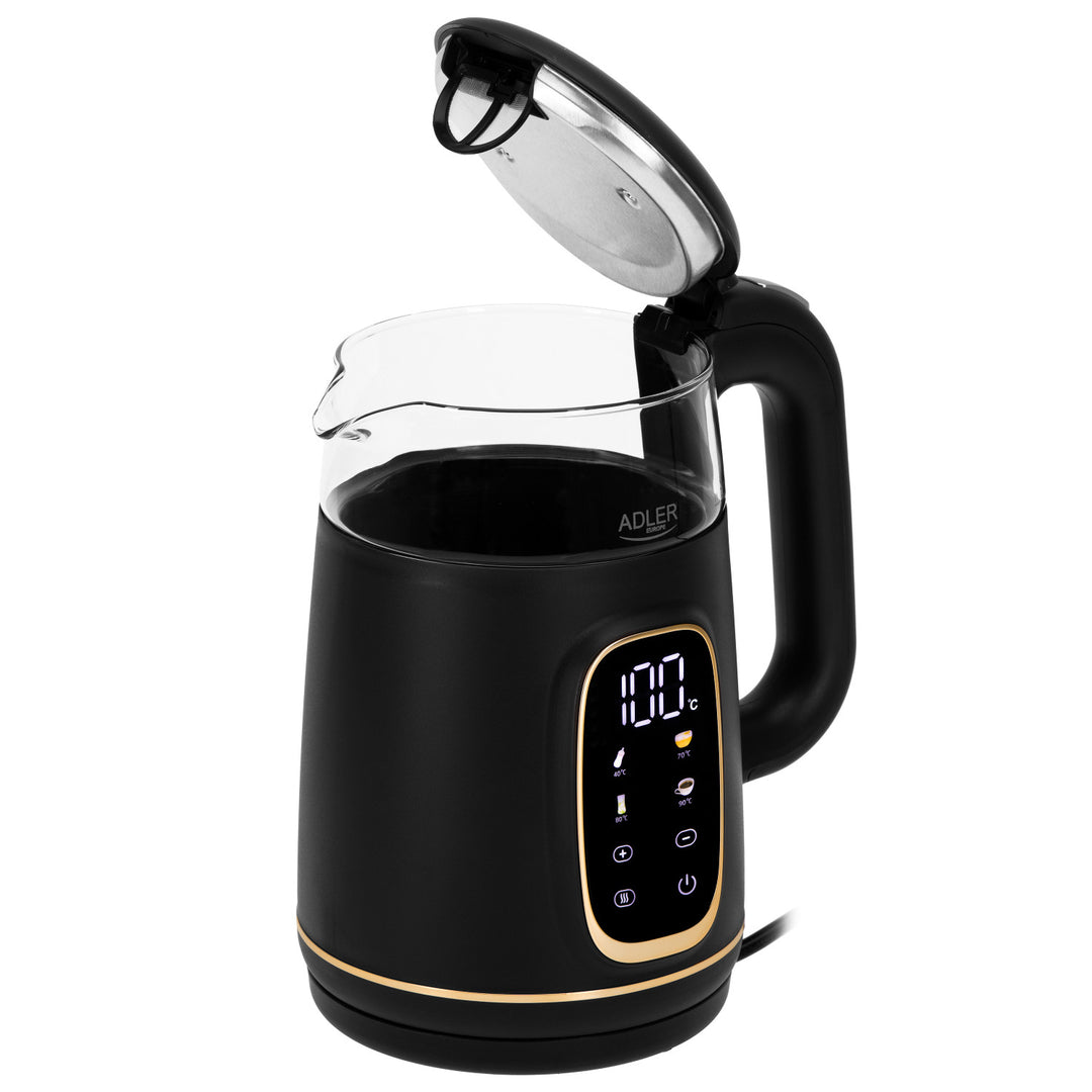 Bollitore elettrico in vetro Adler da 1,7 l, nero e oro, regolazione della temperatura, display a LED, AD 1305 bg