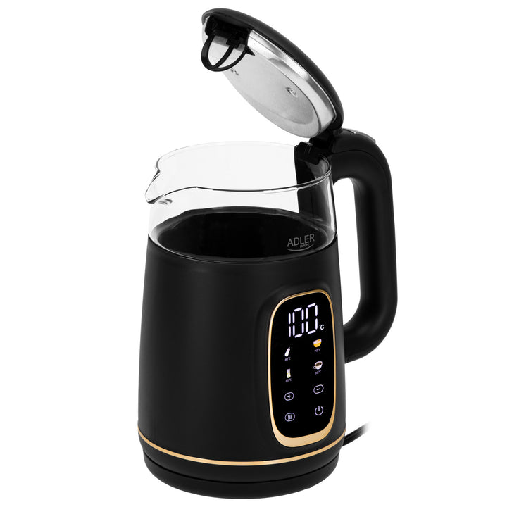 Bollitore elettrico in vetro Adler da 1,7 l, nero e oro, regolazione della temperatura, display a LED, AD 1305 bg