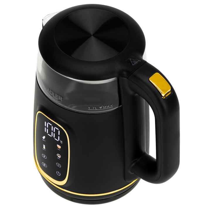 Bollitore elettrico in vetro Adler da 1,7 l, nero e oro, regolazione della temperatura, display a LED, AD 1305 bg
