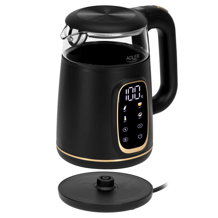 Bollitore elettrico in vetro Adler da 1,7 l, nero e oro, regolazione della temperatura, display a LED, AD 1305 bg