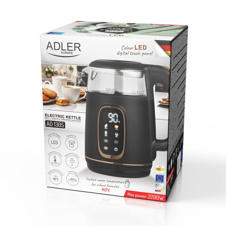 Bollitore elettrico in vetro Adler da 1,7 l, nero e oro, regolazione della temperatura, display a LED, AD 1305 bg