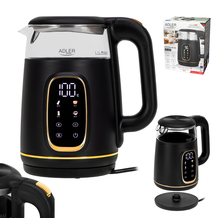 Bollitore elettrico in vetro Adler da 1,7 l, nero e oro, regolazione della temperatura, display a LED, AD 1305 bg