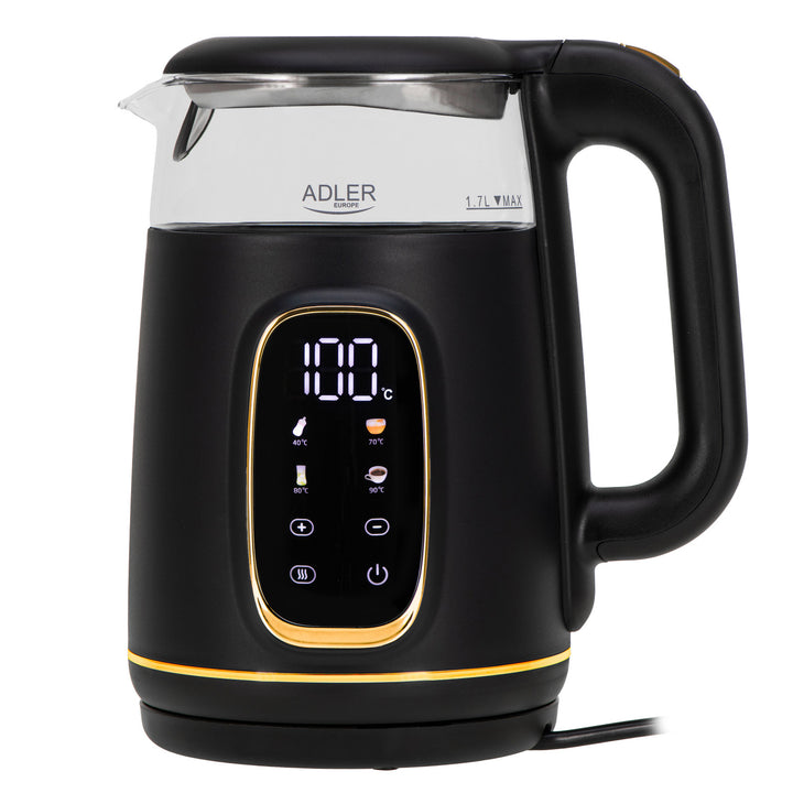 Bollitore elettrico in vetro Adler da 1,7 l, nero e oro, regolazione della temperatura, display a LED, AD 1305 bg