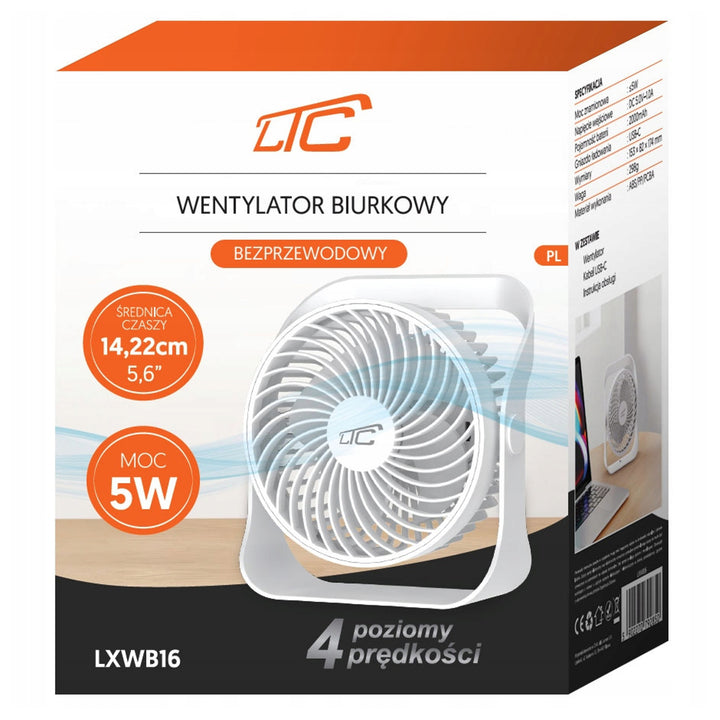 Ventilatore da tavolo wireless LTC, ricarica USB C, 4 livelli di velocità, batteria da 2000 mAh, LXWB16