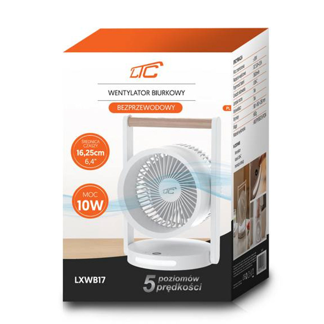 Ventilatore da tavolo wireless LTC, luce notturna e display LED, 5 livelli di velocità, batteria da 3600 mAh, LXWB17