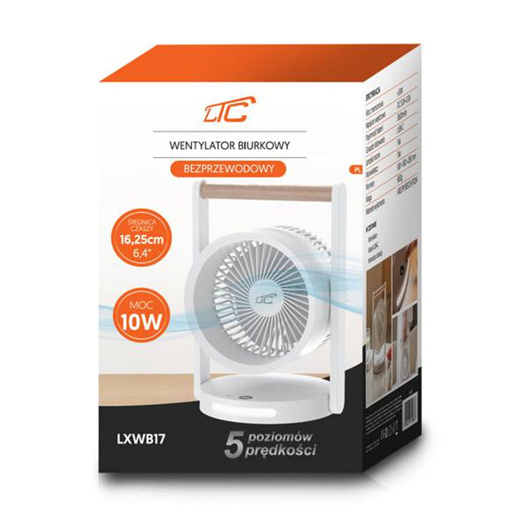 Ventilatore da tavolo wireless LTC, luce notturna e display LED, 5 livelli di velocità, batteria da 3600 mAh, LXWB17