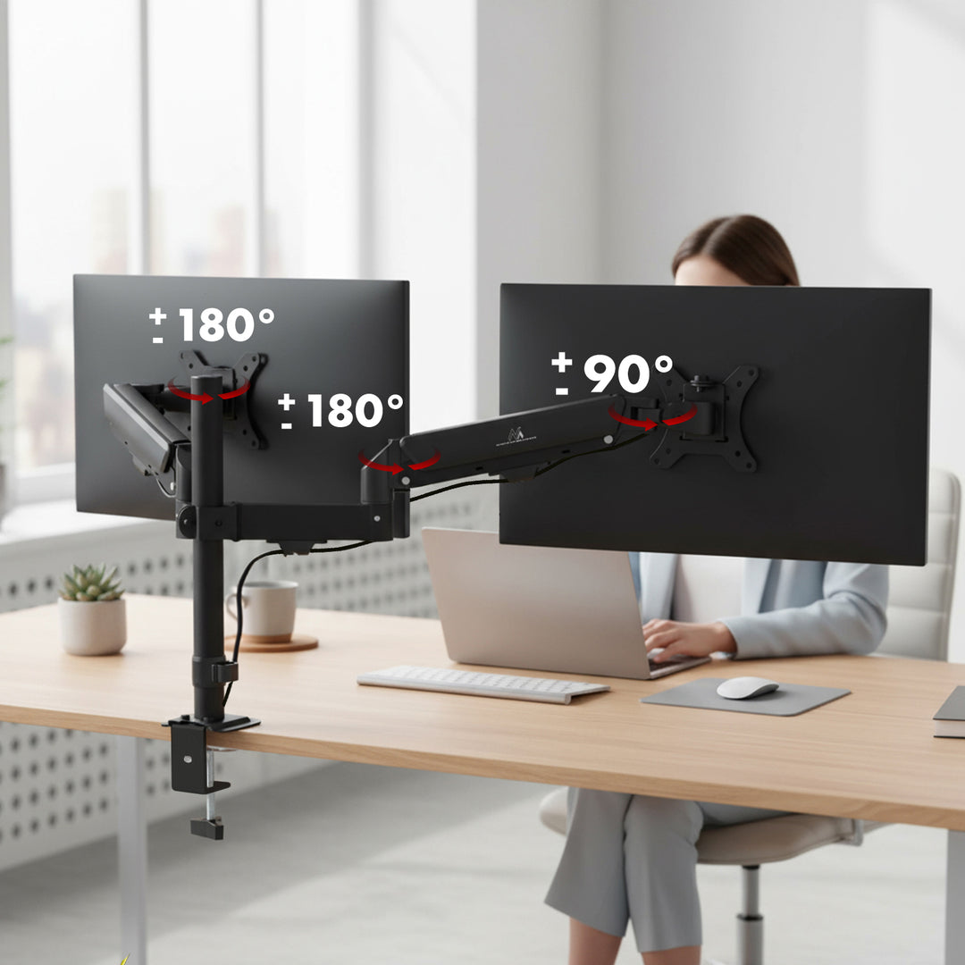 Supporto per 2 monitor Maclean, molla a gas, 17"-32", 2-10kg, nero, MC-136