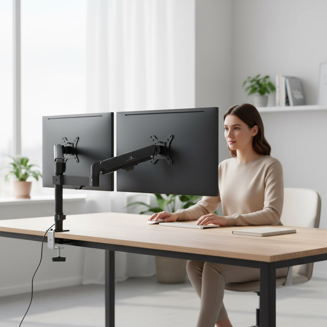 Supporto per 2 monitor Maclean, molla a gas, 17"-32", 2-10kg, nero, MC-136