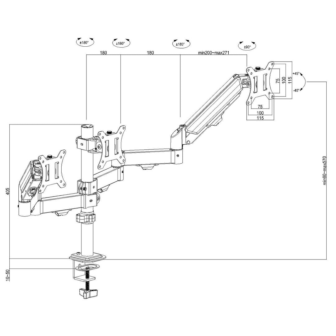 Supporto per 3 monitor Maclean, molla a gas, 17"-27", 2-8kg, nero, MC-137