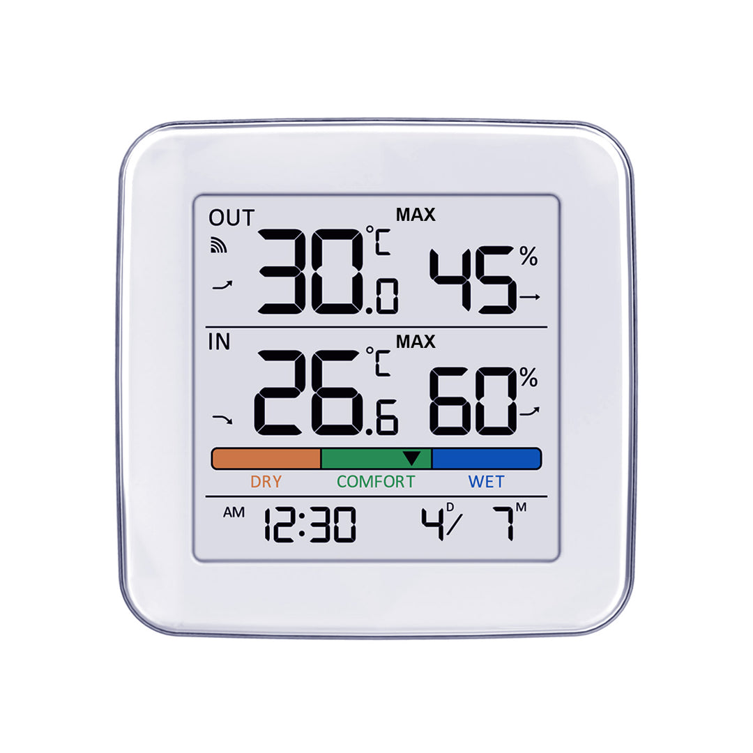 Stazione meteorologica wireless GreenBlue, temperatura + umidità IN/OUT, orologio + sveglia + data, scelta tra °C / °F, portata fino a 60 m, GB169