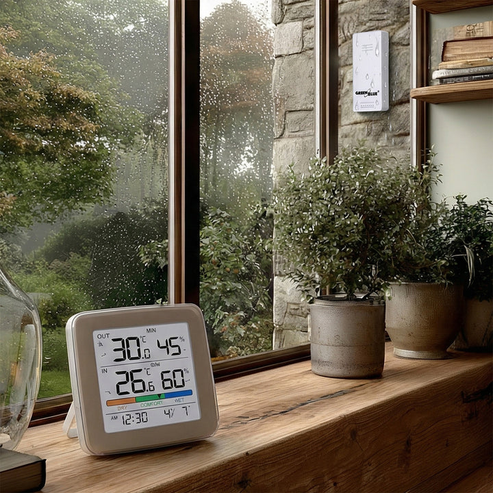 Stazione meteorologica wireless GreenBlue, temperatura + umidità IN/OUT, orologio + sveglia + data, scelta tra °C / °F, portata fino a 60 m, GB169