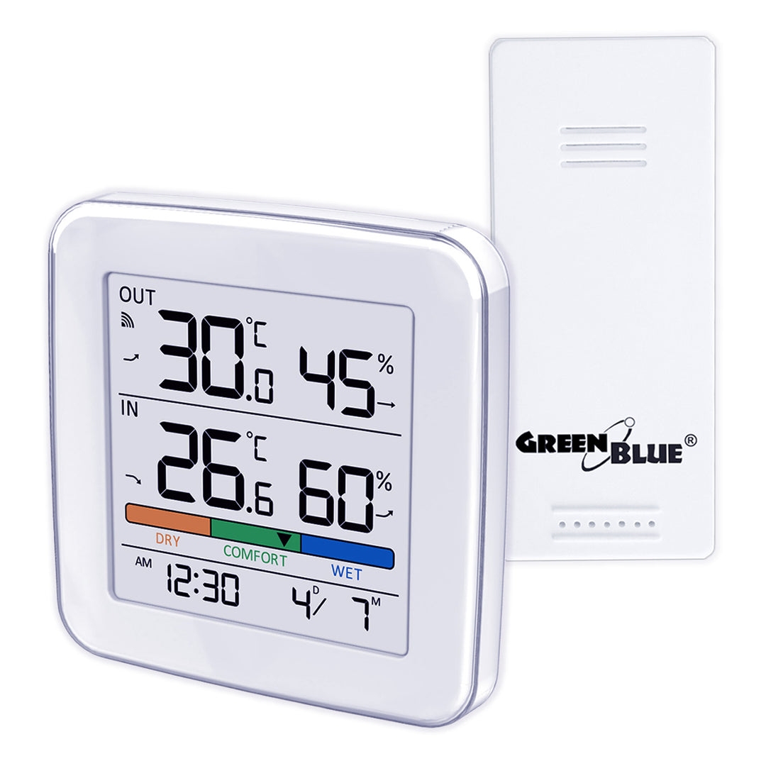 Stazione meteorologica wireless GreenBlue, temperatura + umidità IN/OUT, orologio + sveglia + data, scelta tra °C / °F, portata fino a 60 m, GB169