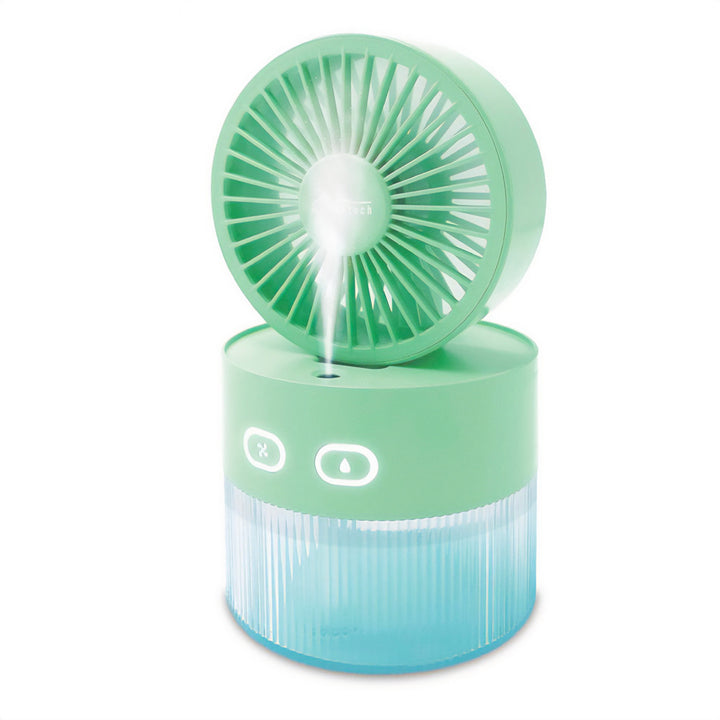 Ventilatore da tavolo con umidificazione dell'aria. Capacità 350 ml. Nebulizzazione di 40 ml/h. Alimentazione USB-C.