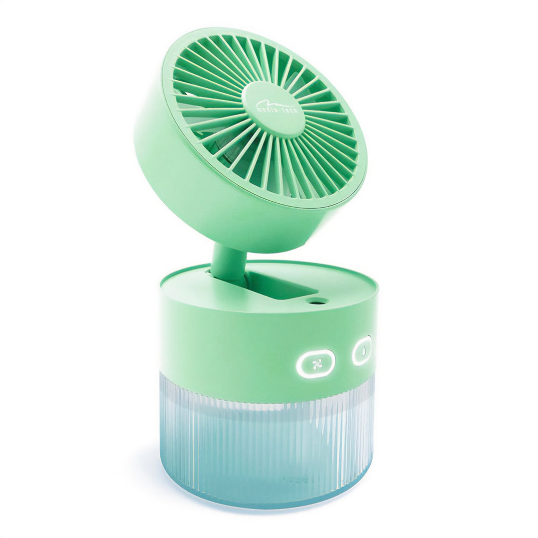 Ventilatore da tavolo con umidificazione dell'aria. Capacità 350 ml. Nebulizzazione di 40 ml/h. Alimentazione USB-C.