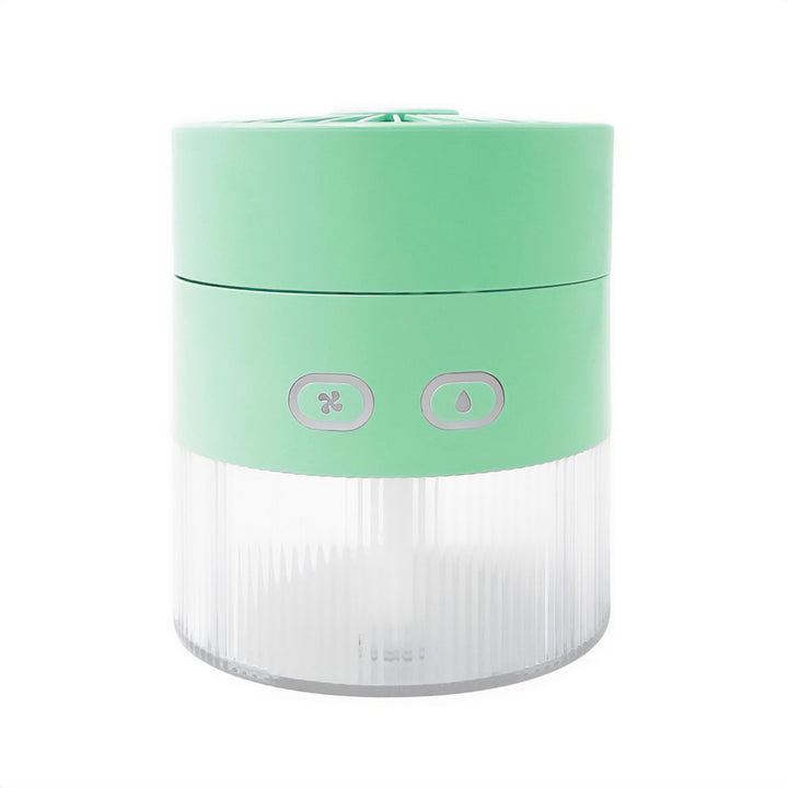 Ventilatore da tavolo con umidificazione dell'aria. Capacità 350 ml. Nebulizzazione di 40 ml/h. Alimentazione USB-C.