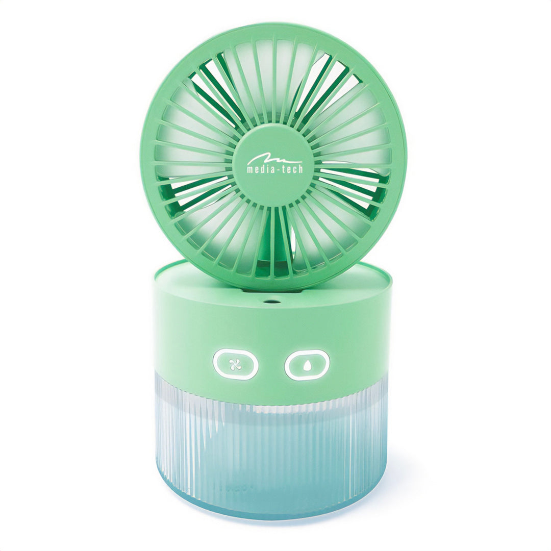 Ventilatore da tavolo con umidificazione dell'aria. Capacità 350 ml. Nebulizzazione di 40 ml/h. Alimentazione USB-C.