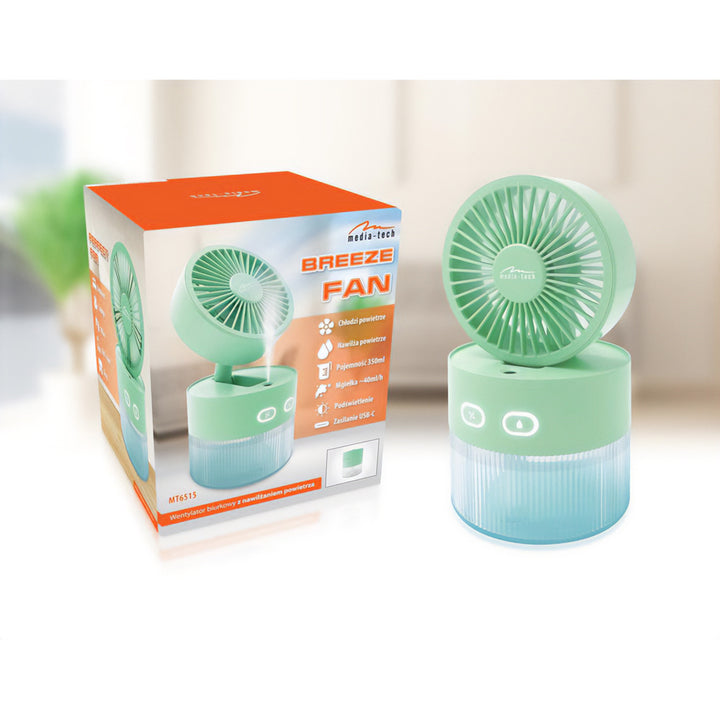 Ventilatore da tavolo con umidificazione dell'aria. Capacità 350 ml. Nebulizzazione di 40 ml/h. Alimentazione USB-C.