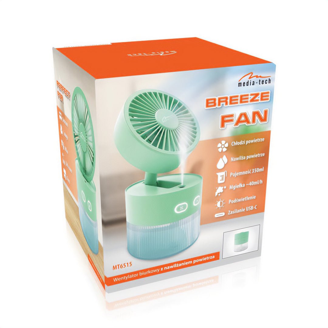 Ventilatore da tavolo con umidificazione dell'aria. Capacità 350 ml. Nebulizzazione di 40 ml/h. Alimentazione USB-C.