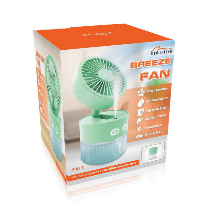 Ventilatore da tavolo con umidificazione dell'aria. Capacità 350 ml. Nebulizzazione di 40 ml/h. Alimentazione USB-C.