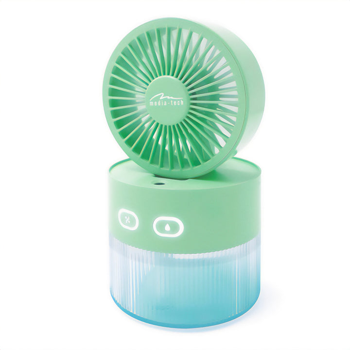 Ventilatore da tavolo con umidificazione dell'aria. Capacità 350 ml. Nebulizzazione di 40 ml/h. Alimentazione USB-C.