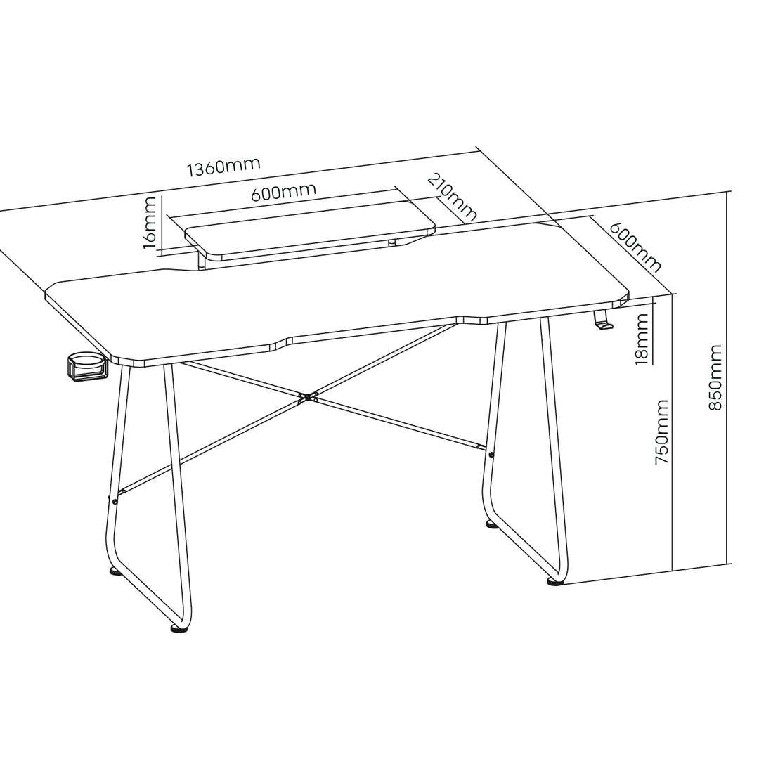 Scrivania per videogiochi con ripiano per monitor NanoRS, 50 kg max, altezza 850 mm, nero, RS170+Organizzatore di cavi/griglia per scrivania Nano RS, 1345 mm, nero e rosso, RS125