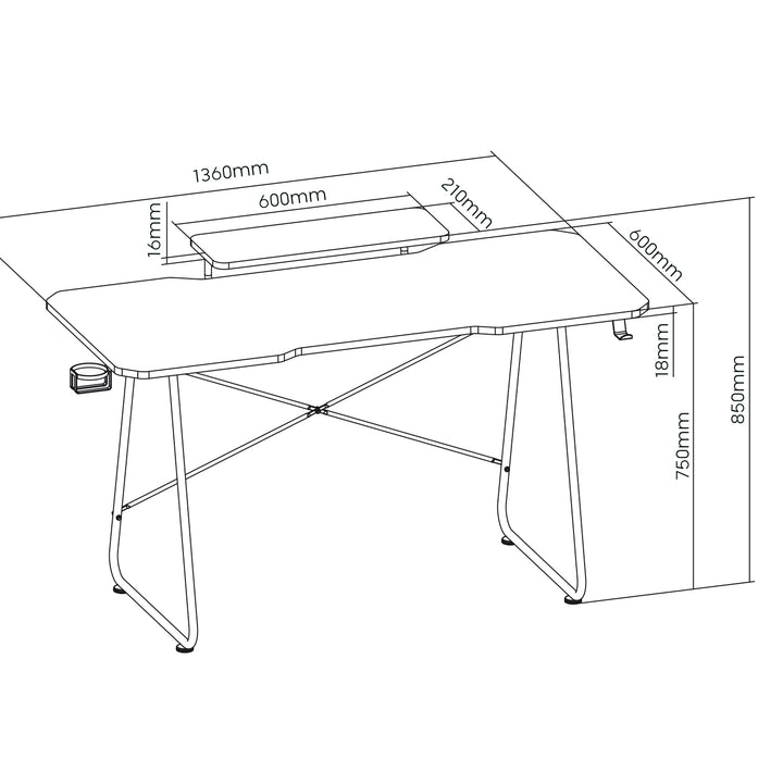Scrivania per videogiochi con ripiano per monitor NanoRS, 50 kg max, altezza 850 mm, nero, RS170+Organizzatore di cavi/griglia per scrivania Nano RS, 1345 mm, nero e rosso, RS125