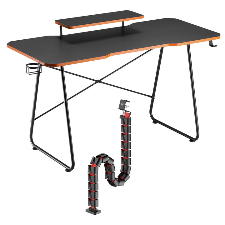 Scrivania per videogiochi con ripiano per monitor NanoRS, 50 kg max, altezza 850 mm, nero, RS170+Organizzatore di cavi/griglia per scrivania Nano RS, 1345 mm, nero e rosso, RS125