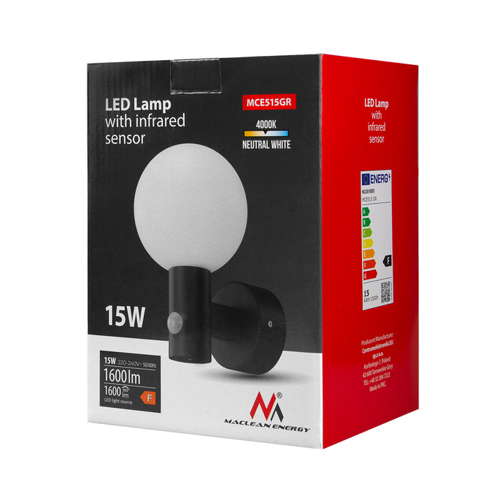 Sensore di movimento Maclean Lampada LED, sensore di movimento PIR, grigio, 15W, IP65, 1600lm, bianco neutro (4000K) MCE515 GR, 2 pezzi