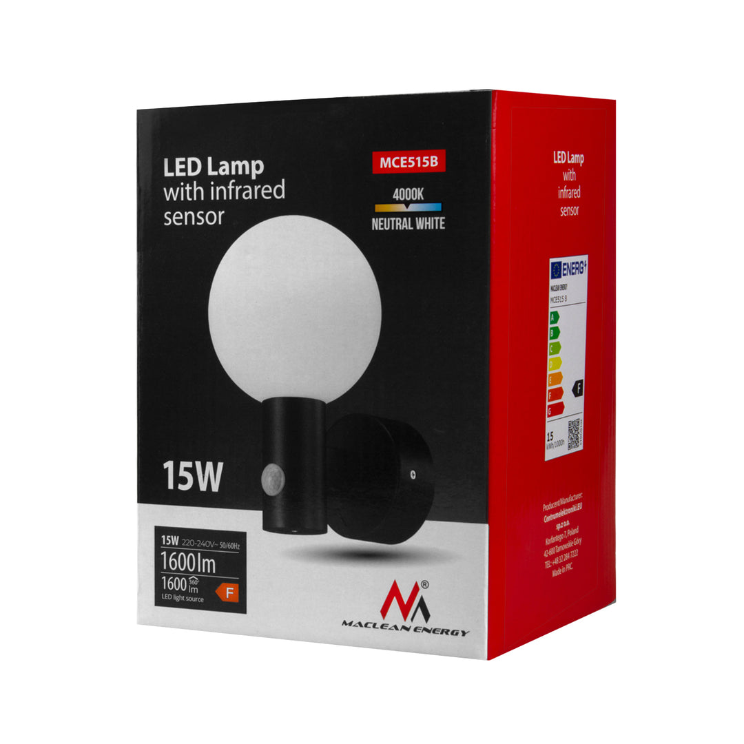 Sensore di movimento Maclean Lampada LED, sensore di movimento PIR, nero, 15W, IP65, 1600lm, bianco neutro (4000K) MCE515 B, 2 pezzi