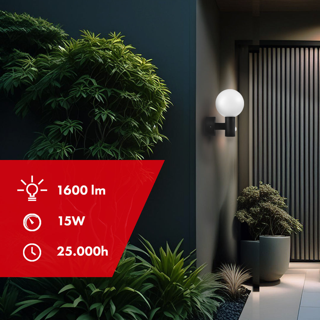 Sensore di movimento Maclean Lampada LED, sensore di movimento PIR, nero, 15W, IP65, 1600lm, bianco neutro (4000K) MCE515 B, 2 pezzi