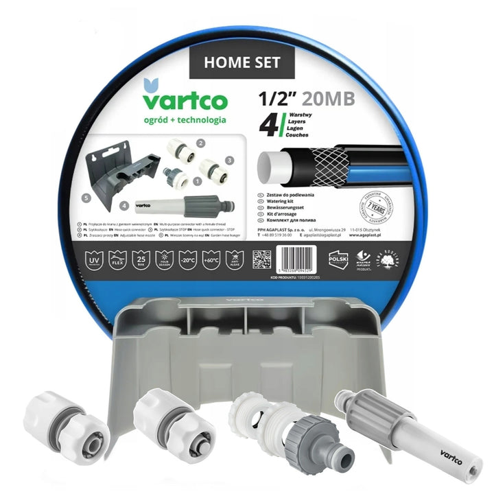 Set da giardino Vartco, tubo da 1/2'' 20m, raccordo rapido stop and go, raccordo per rubinetto, irrigatore, staffa a muro, Home Set