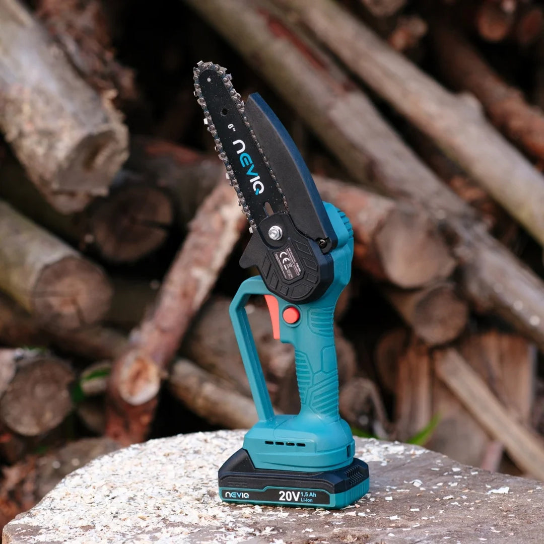 Motosega a batteria NEVIQ, barra da 6'', 200W, batteria Li-ion 1,5 Ah, L04302