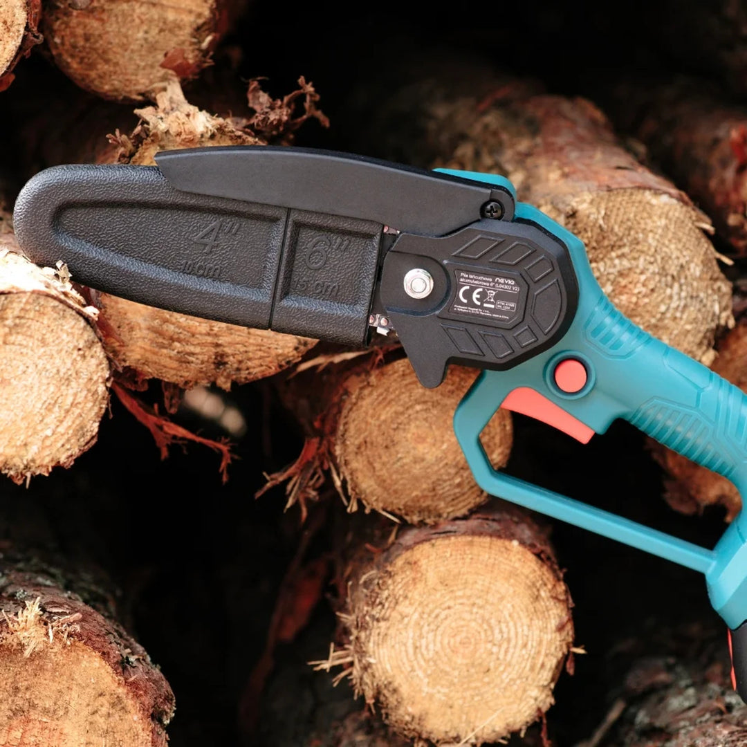 Motosega a batteria NEVIQ, barra da 6'', 200W, batteria Li-ion 1,5 Ah, L04302