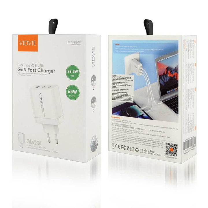 Caricabatterie di rete VIDVIE, 3A, 65W, 2x USB-C, 1x USB, cavo USB-C/Telefono, PLE262