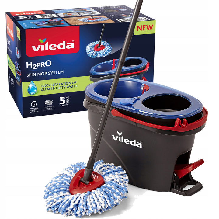 Mocio rotante Vileda, due camere, sistema di centrifugazione, barra pieghevole, facile pulizia degli angoli, turbo H2prO