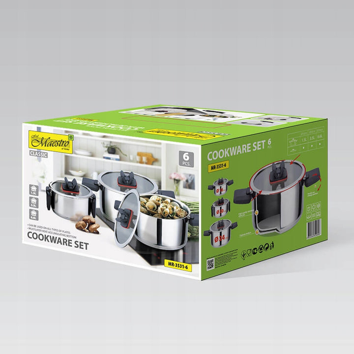 Set di pentole Maestro, 6 pezzi, acciaio inox, manici pieghevoli, MR-3531-6