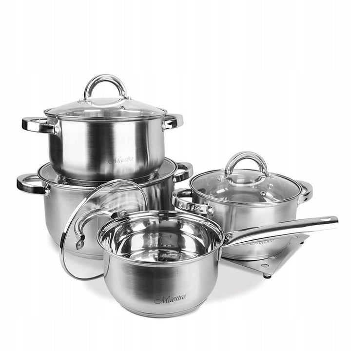 Maestro Set di pentole da 9 pezzi 1,5L, 2L, 3L, 5L, acciaio inox, lavabile in lavastoviglie, adatto a tutti i tipi di cucina, piastra, MR-2021